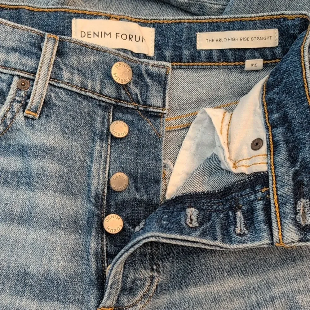 Denim Forum Arlo High Rise Straight Blue Raw Hem Button Fly Jeans Organic - 24